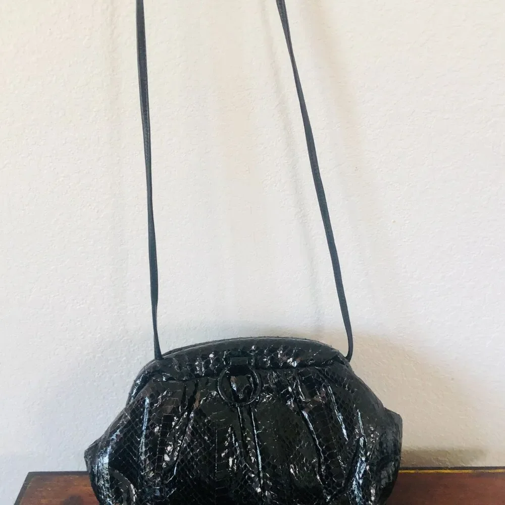 Vintage 1980's Aspects Genuine Black Snakeskin Ruched Crossbody Bag